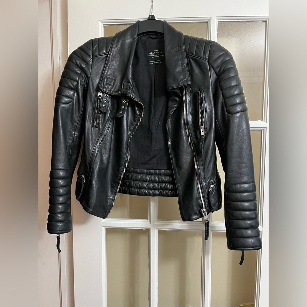 All Saints Women’s black leather moto jacket in size US 2, great condition
